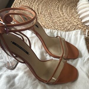 Zara Tan Leather and Clear-Strap High Block Heels
